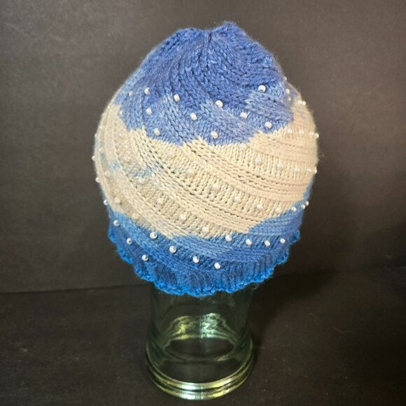 Handmade Knit Hat Blue White Faux Pearl Swirl Design Warm Winter Cap Wool Blend - Picture 5 of 8